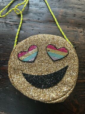 Crewcuts Gold Glitter Heart-Eyes Emoji Crossbody with Neon Strap